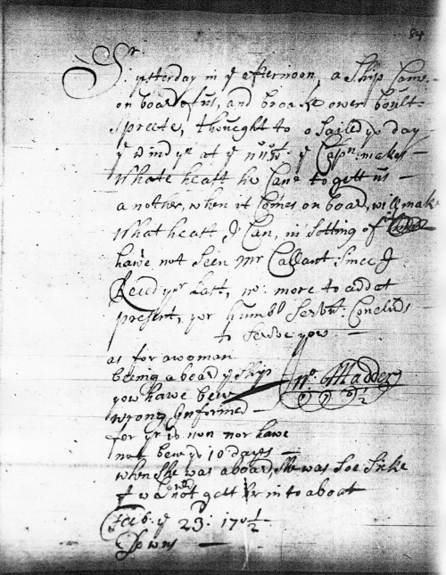 Letter from John Madder 23 Feb 1701/2 (LMA - MS 24178/84)